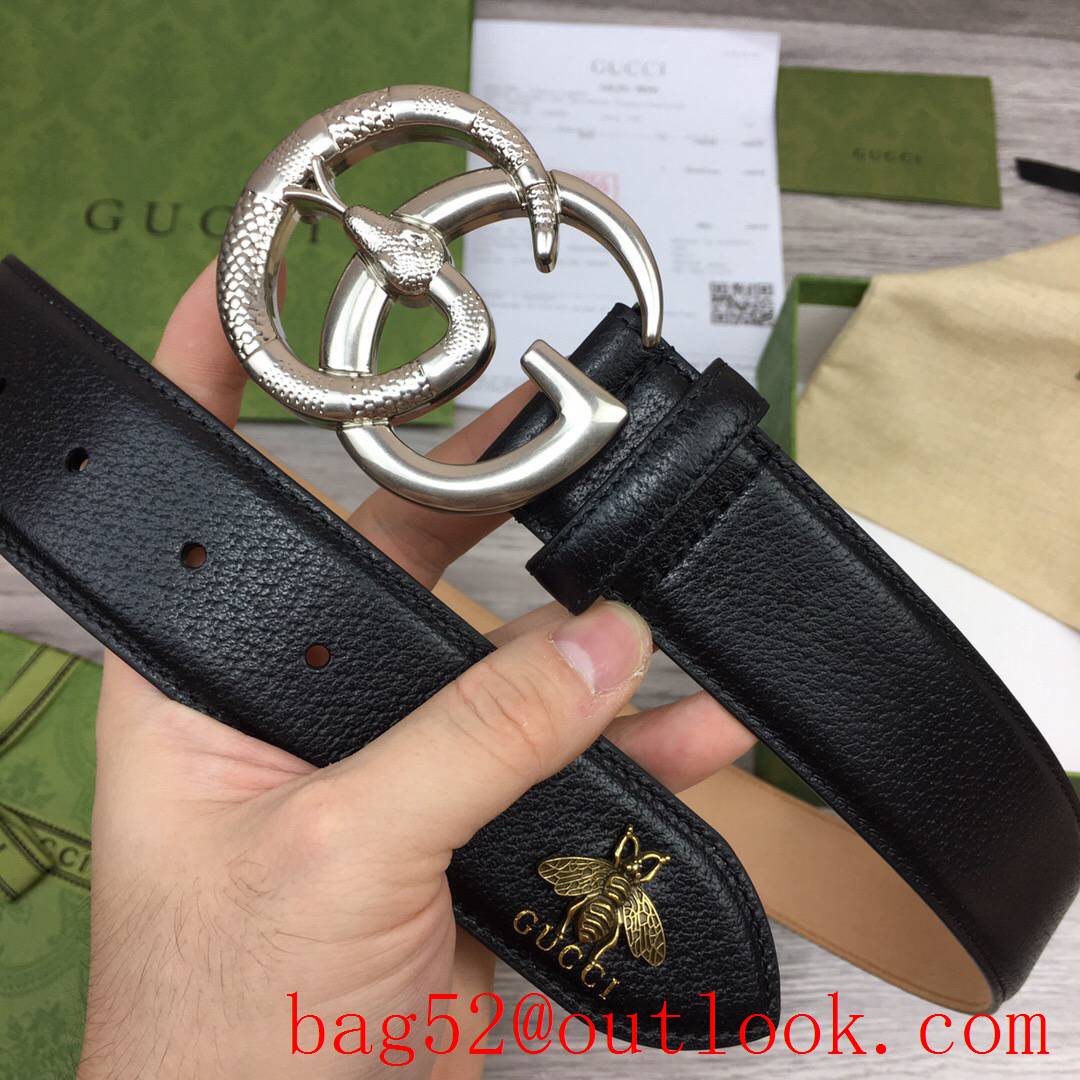 Gucci GG 4cm black leather silver snake buckle with bee mascot belt