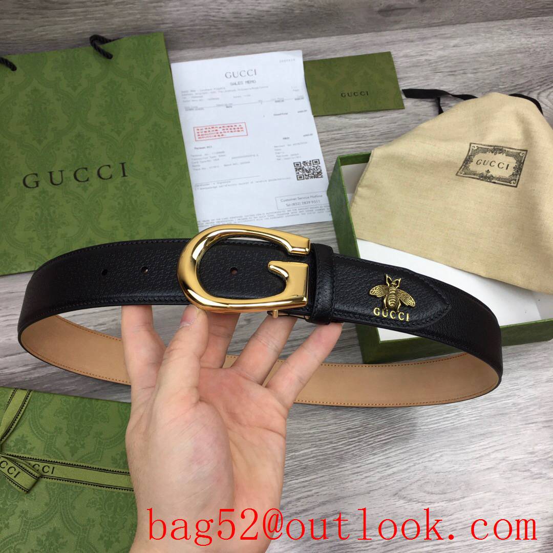 Gucci 4cm black leather shiny gold G buckle with bee mascot belt