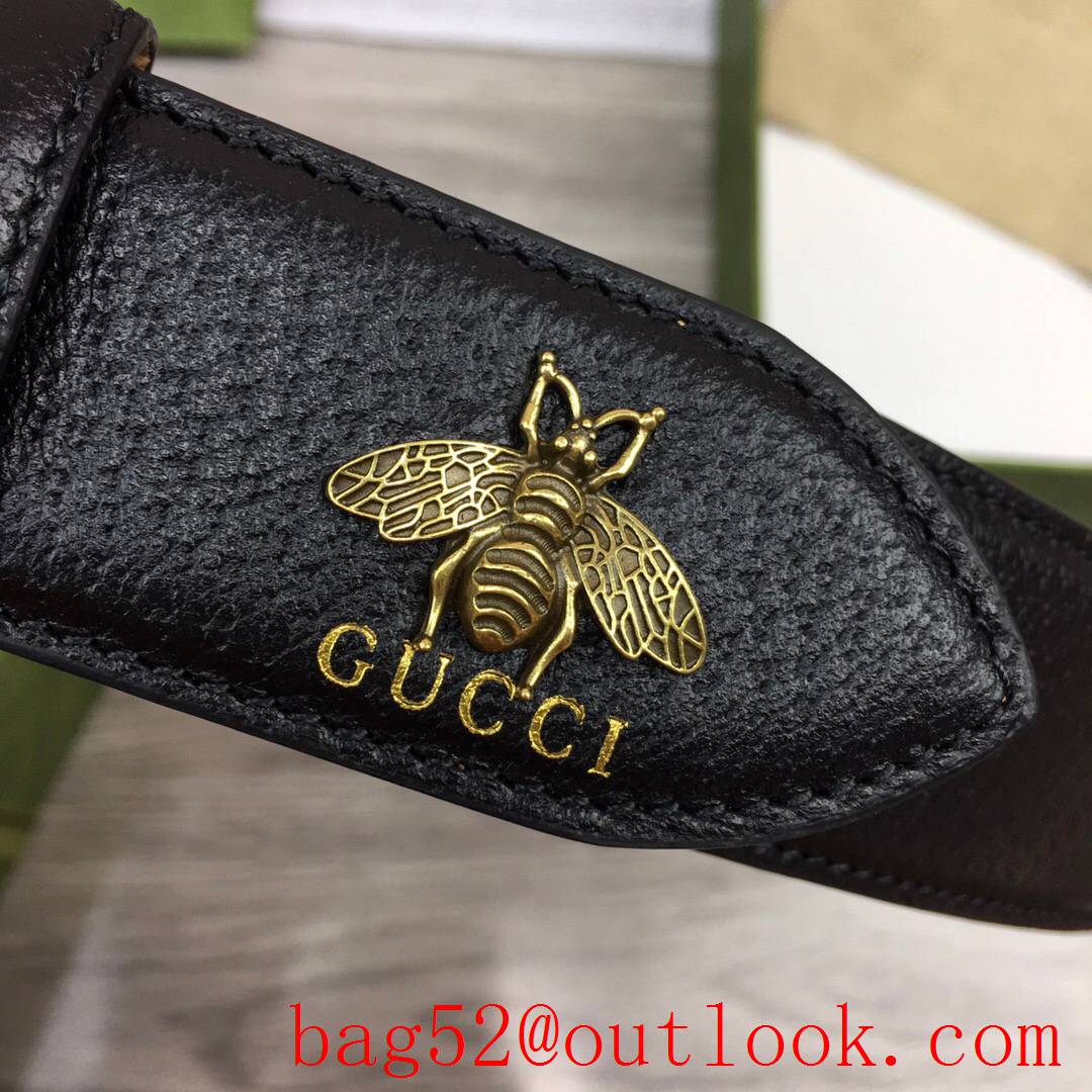 Gucci 4cm black leather shiny gold G buckle with bee mascot belt