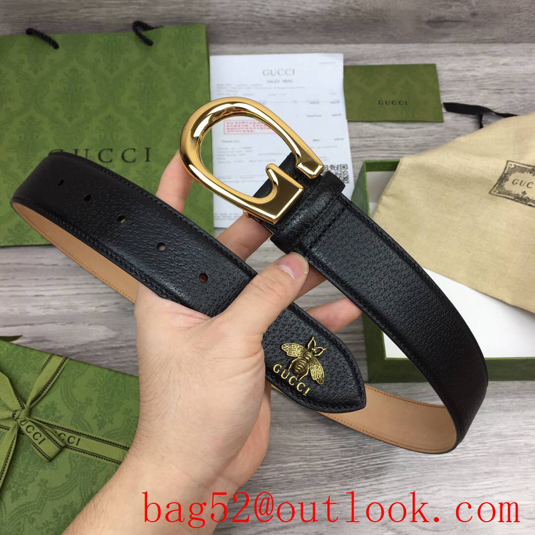 Gucci 4cm black leather shiny gold G buckle with bee mascot belt