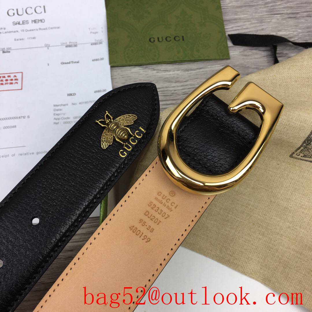 Gucci 4cm black leather shiny gold G buckle with bee mascot belt