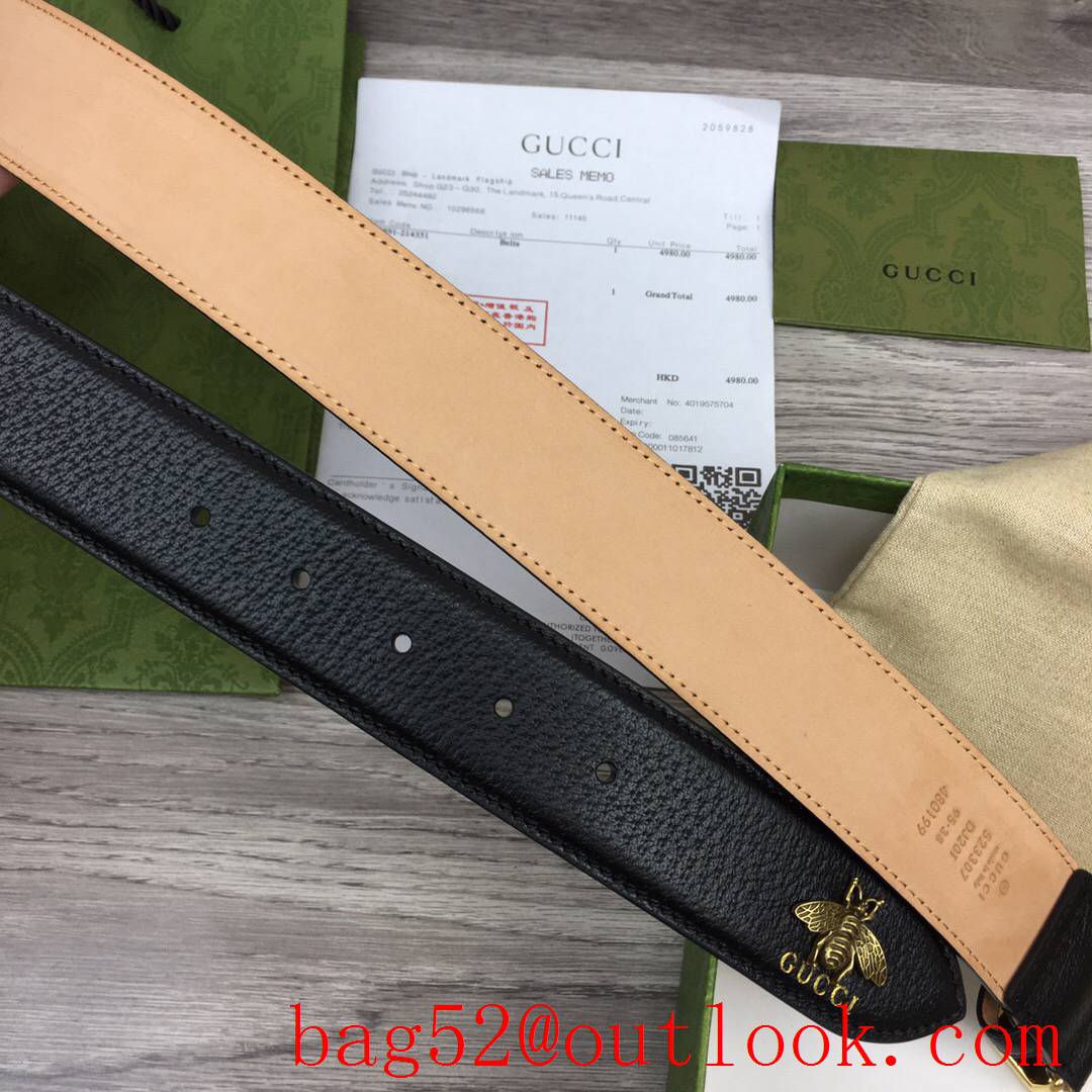 Gucci 4cm black leather shiny gold G buckle with bee mascot belt