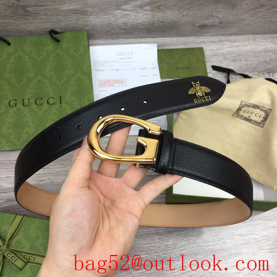 Gucci 4cm black leather shiny gold G buckle with bee mascot belt