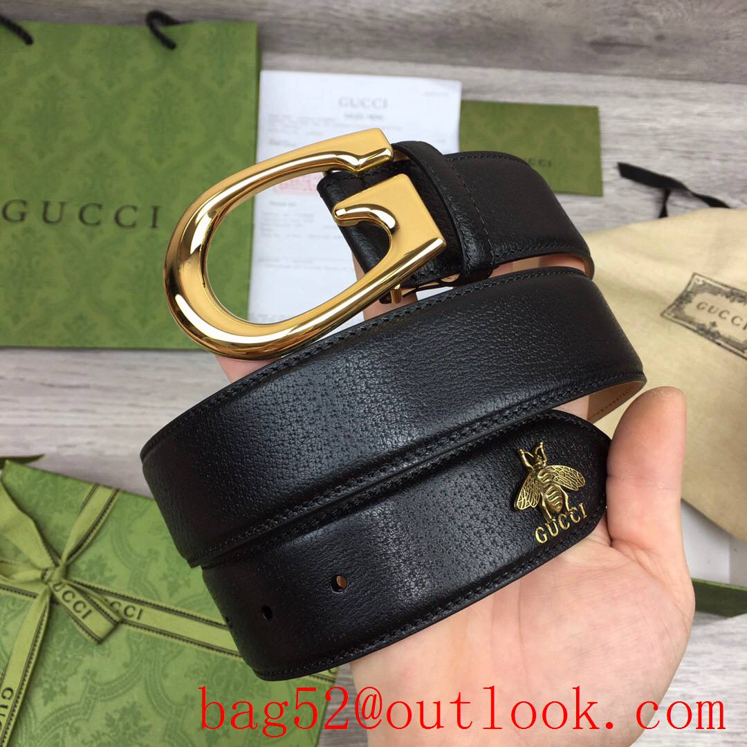 Gucci 4cm black leather shiny gold G buckle with bee mascot belt