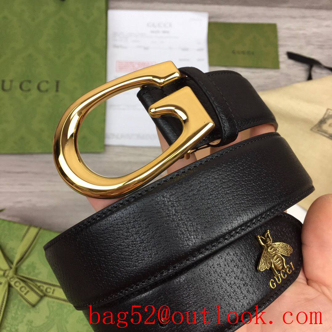 Gucci 4cm black leather shiny gold G buckle with bee mascot belt