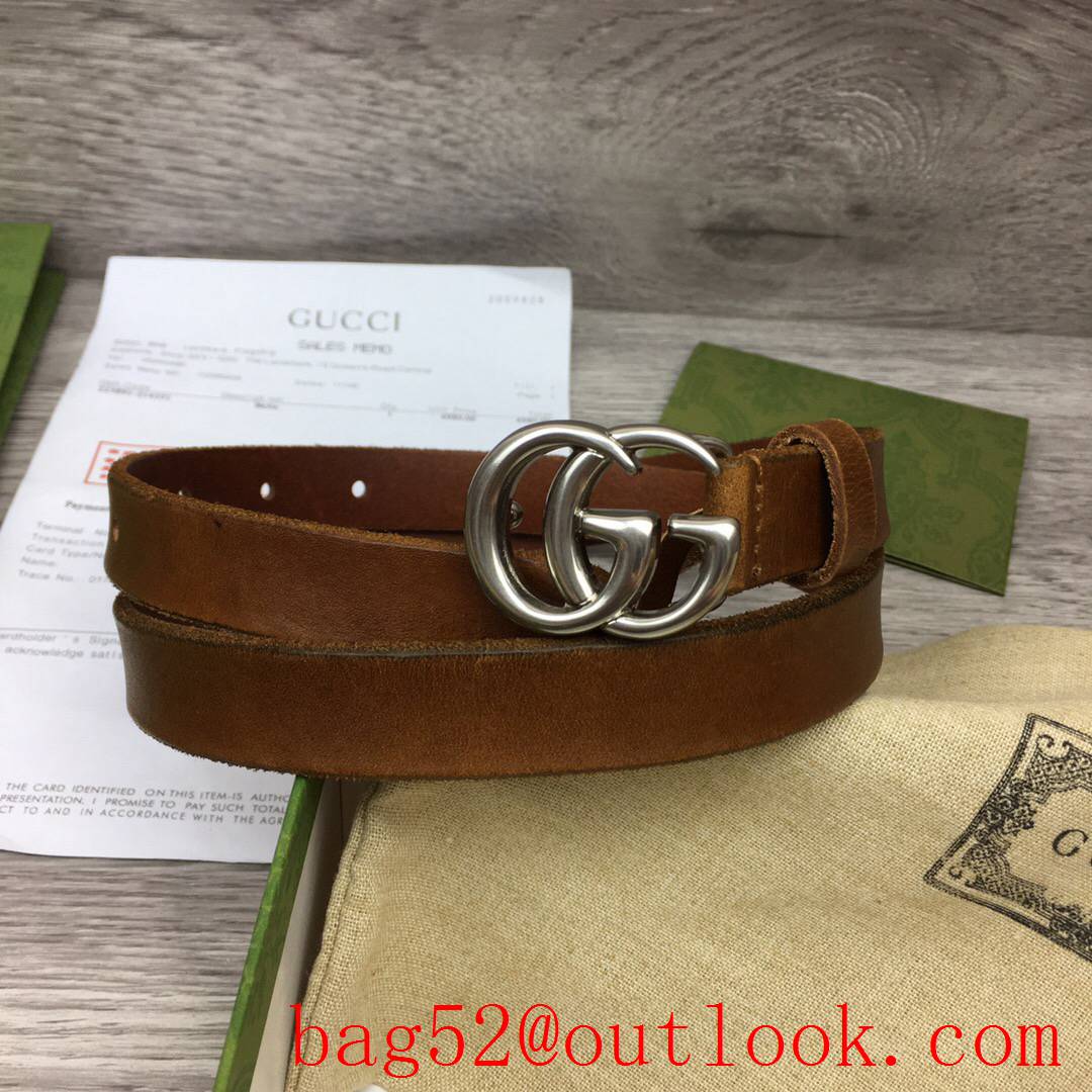 Gucci 2cm brown real leather double GG silver buckle belt