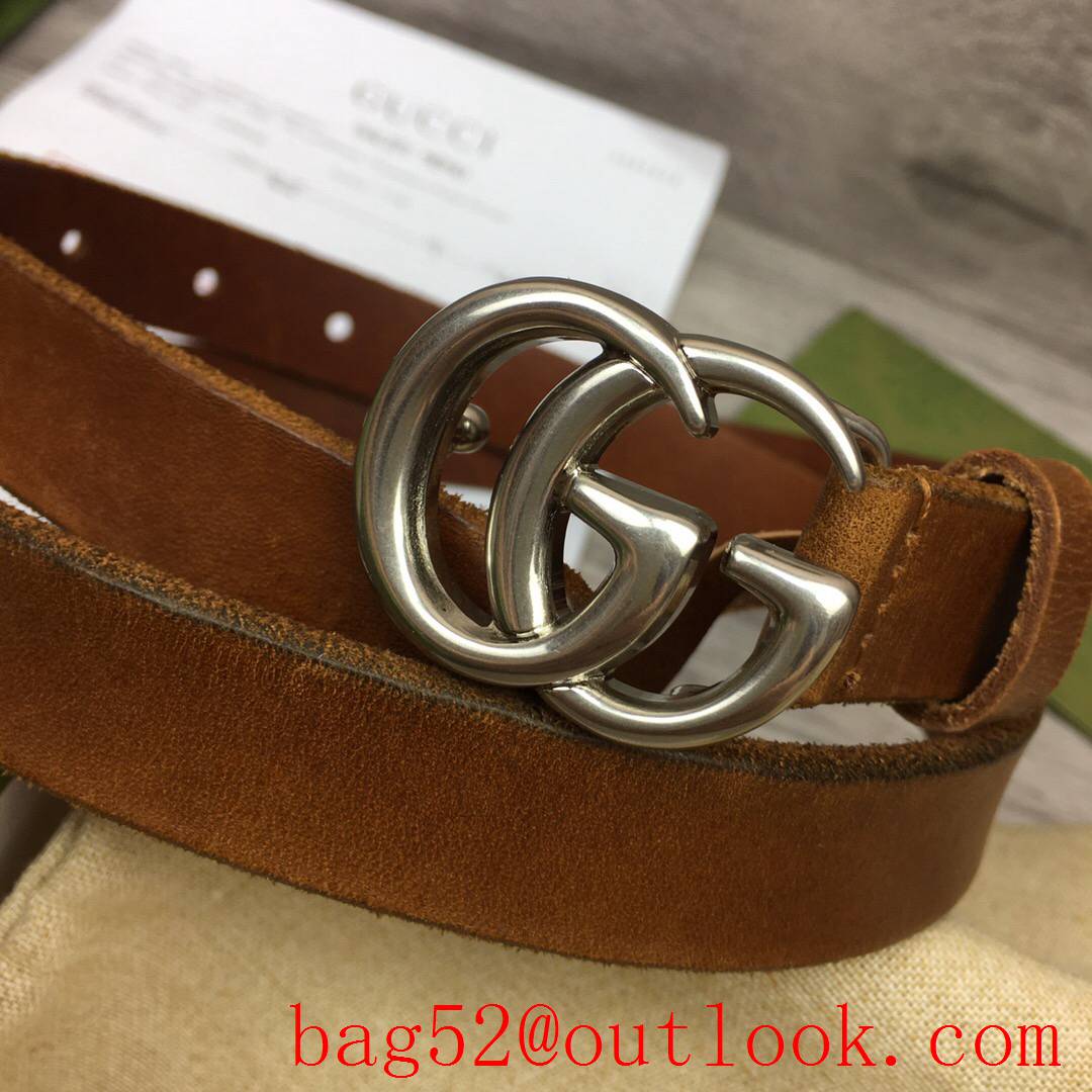 Gucci 2cm brown real leather double GG silver buckle belt