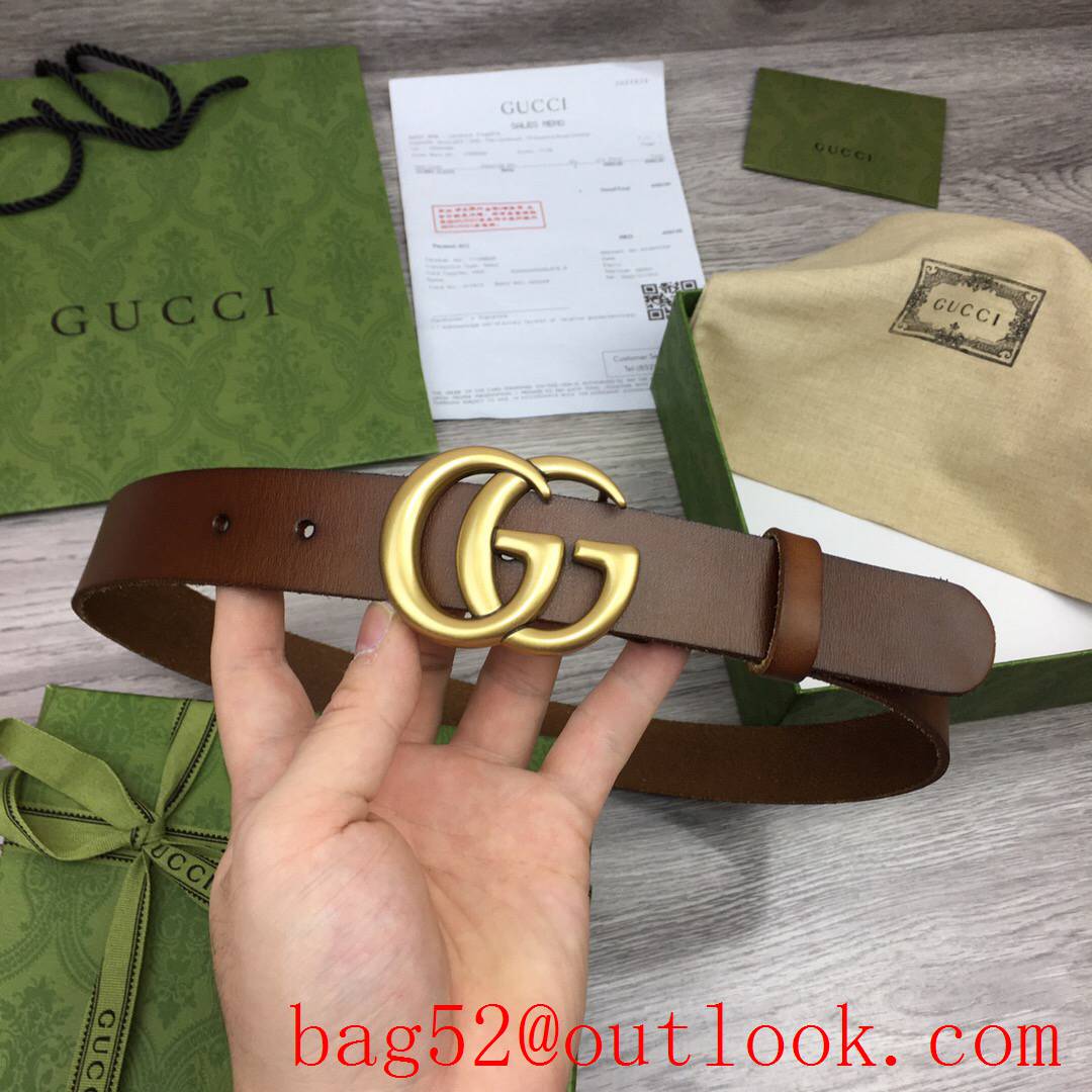 Gucci 3cm brown real leather double GG gold buckle belt