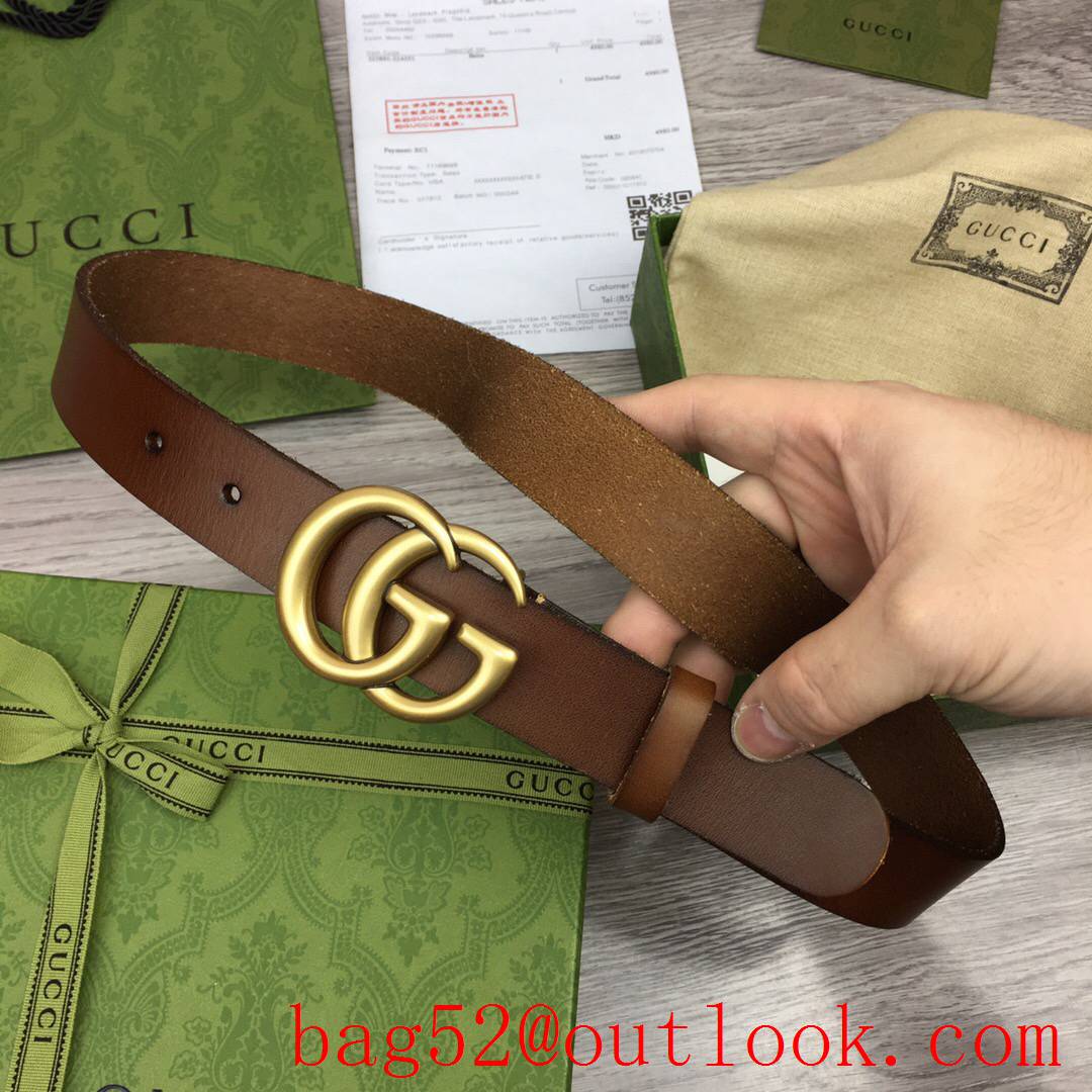 Gucci 3cm brown real leather double GG gold buckle belt