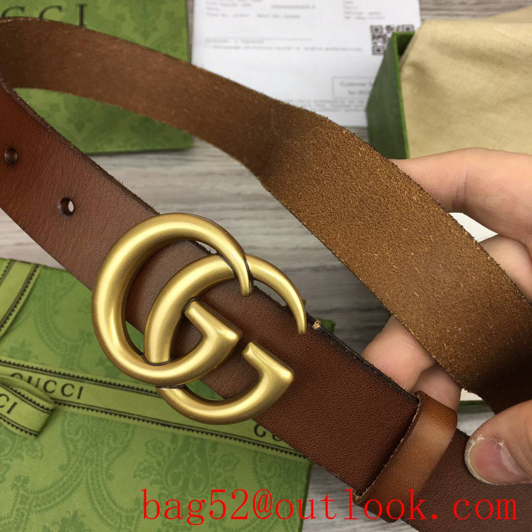 Gucci 3cm brown real leather double GG gold buckle belt