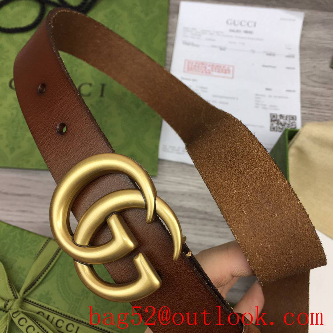 Gucci 3cm brown real leather double GG gold buckle belt