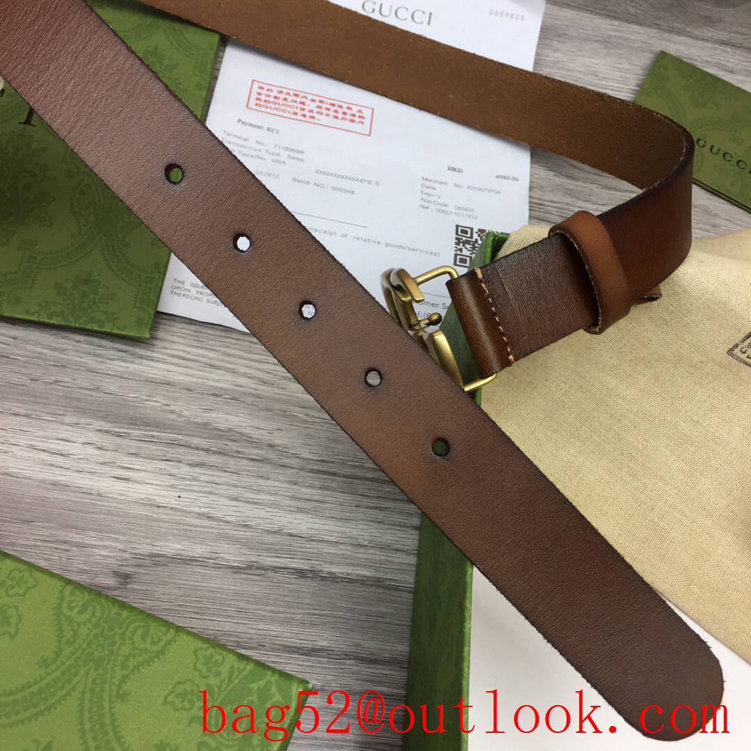 Gucci 3cm brown real leather double GG gold buckle belt