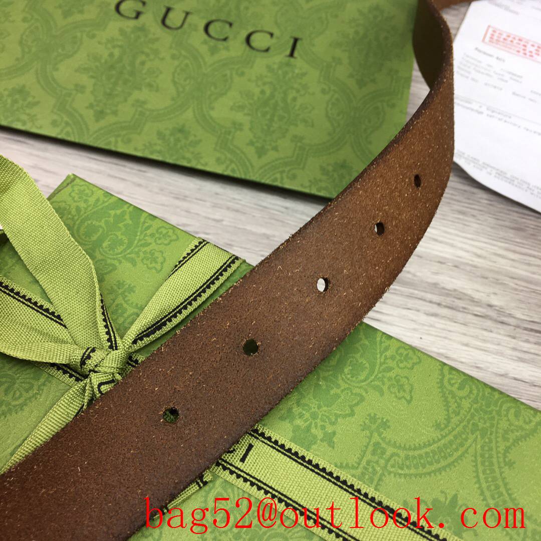 Gucci 3cm brown real leather double GG gold buckle belt