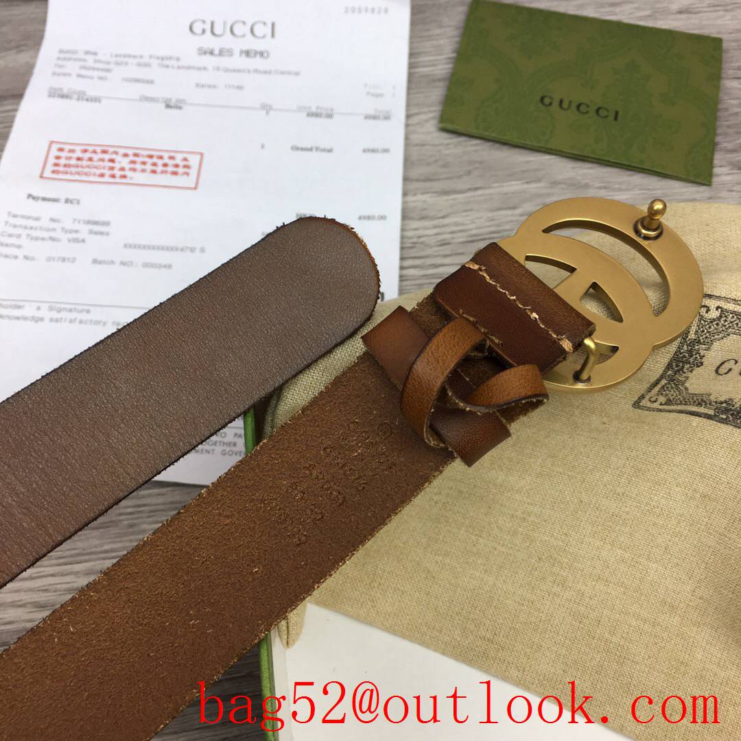 Gucci 3cm brown real leather double GG gold buckle belt