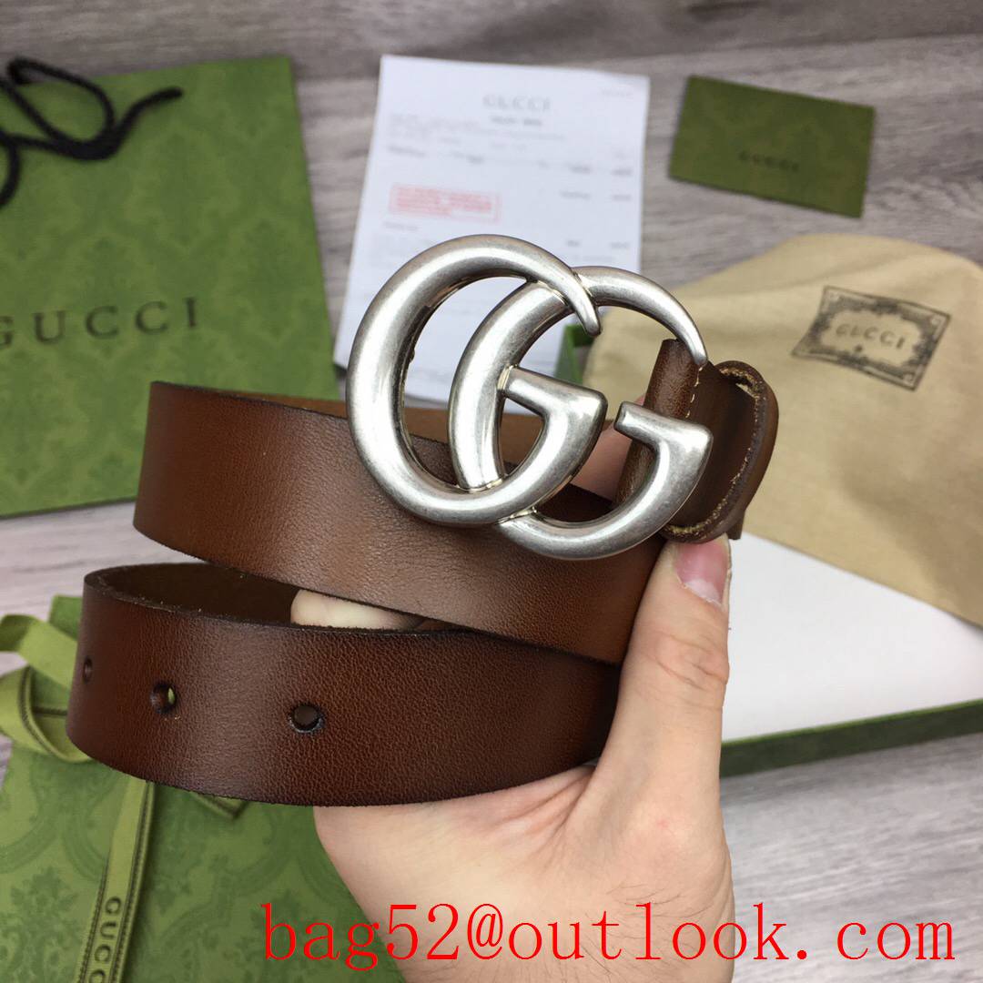 Gucci 3cm brown real leather double GG silver buckle belt