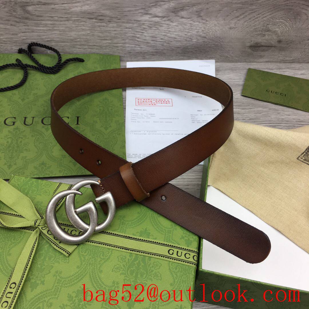 Gucci 3cm brown real leather double GG silver buckle belt