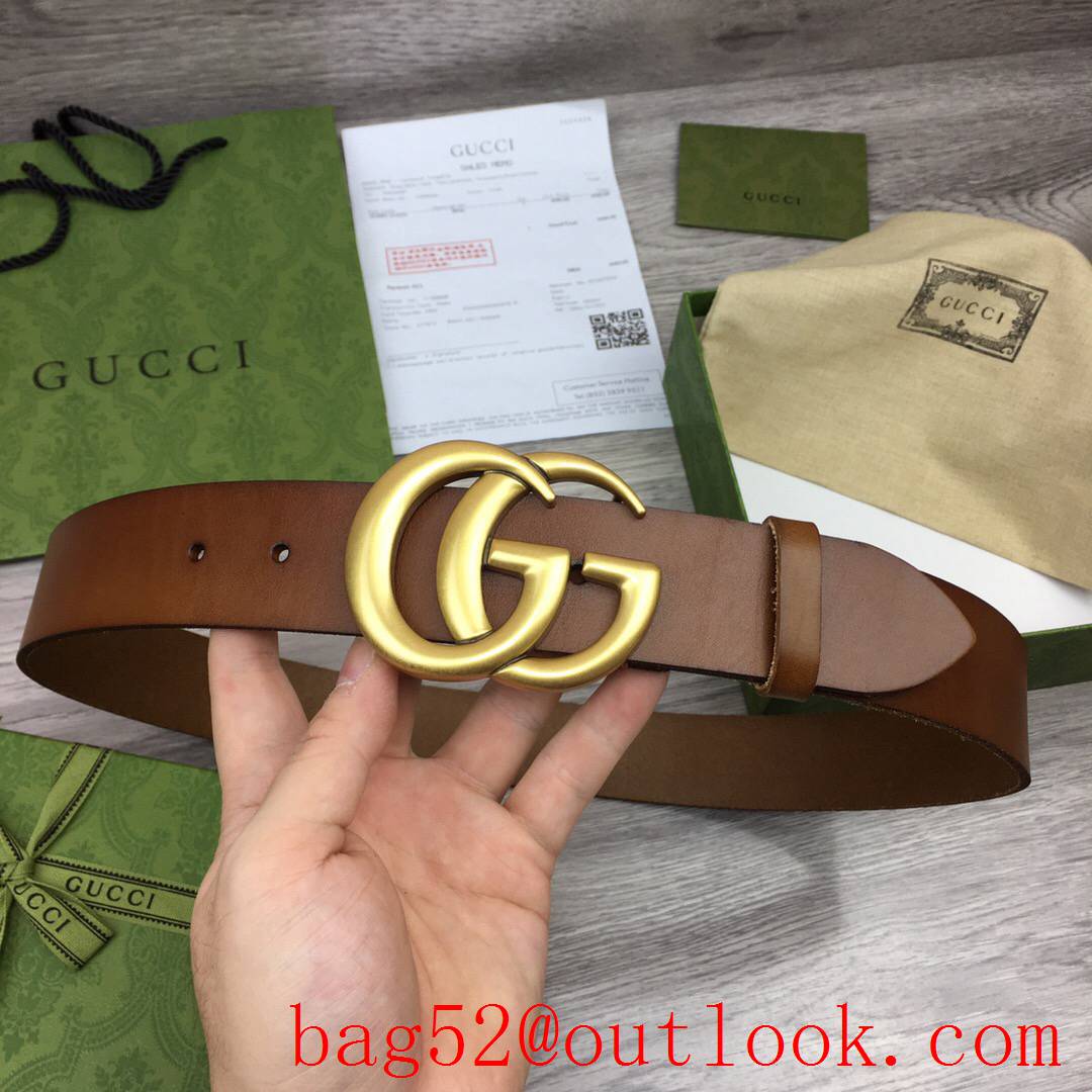 Gucci 4cm brown real leather double GG gold buckle belt
