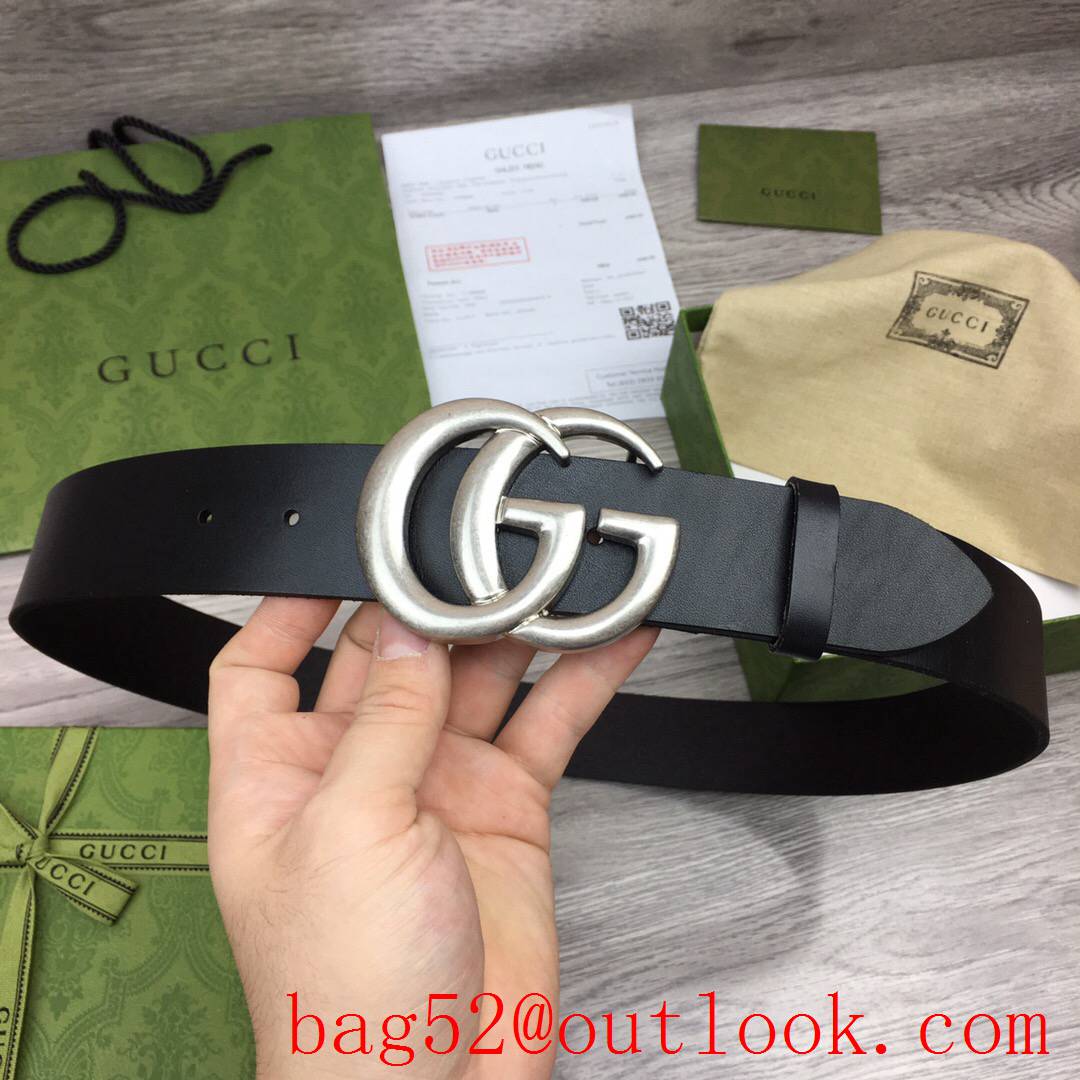 Gucci 4cm black real leather double GG silver buckle belt