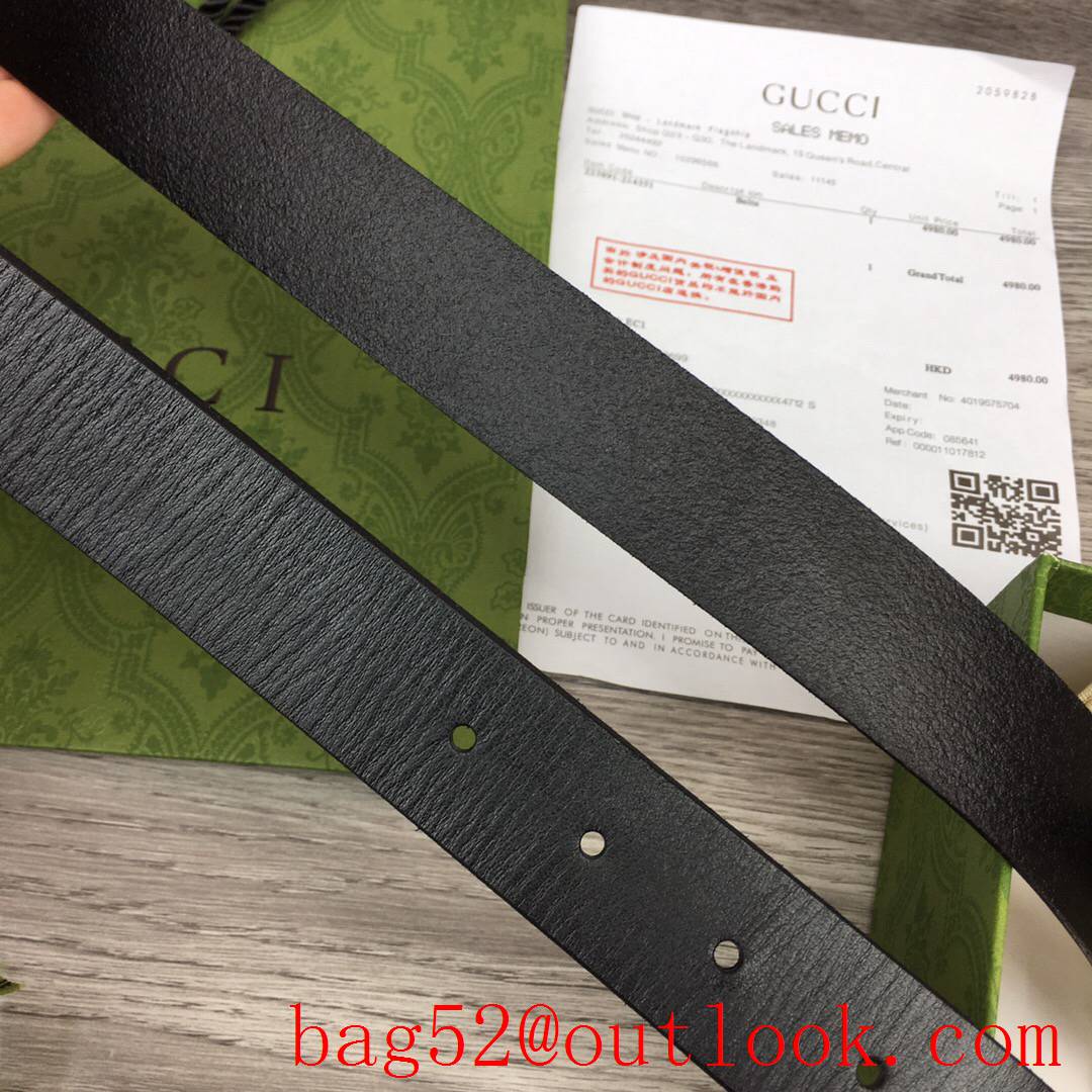 Gucci 3cm black real leather double GG gold buckle belt