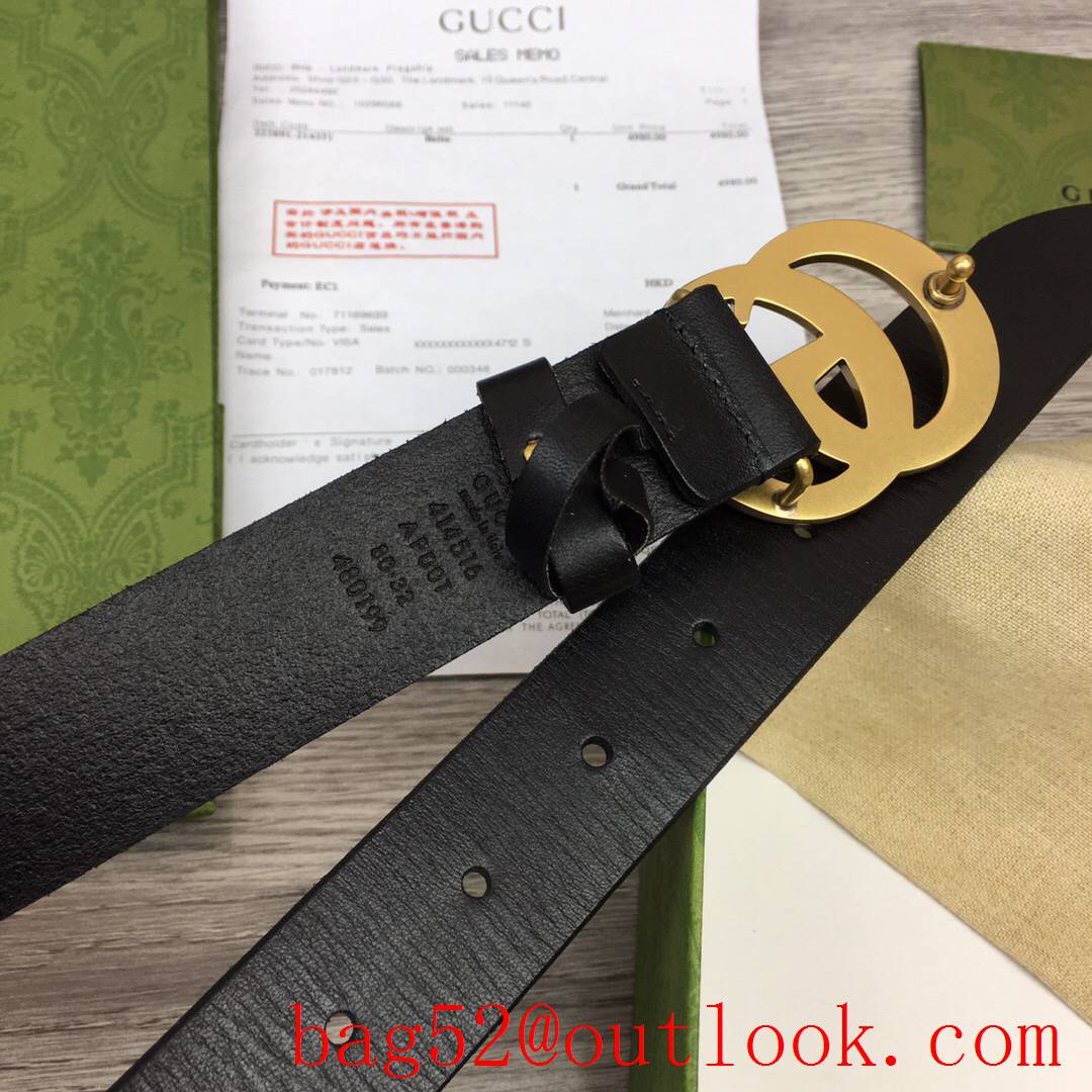 Gucci 3cm black real leather double GG gold buckle belt