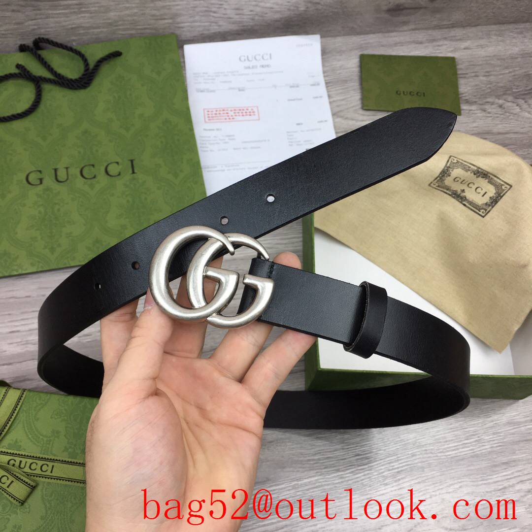 Gucci 3cm black real leather double GG silver buckle belt