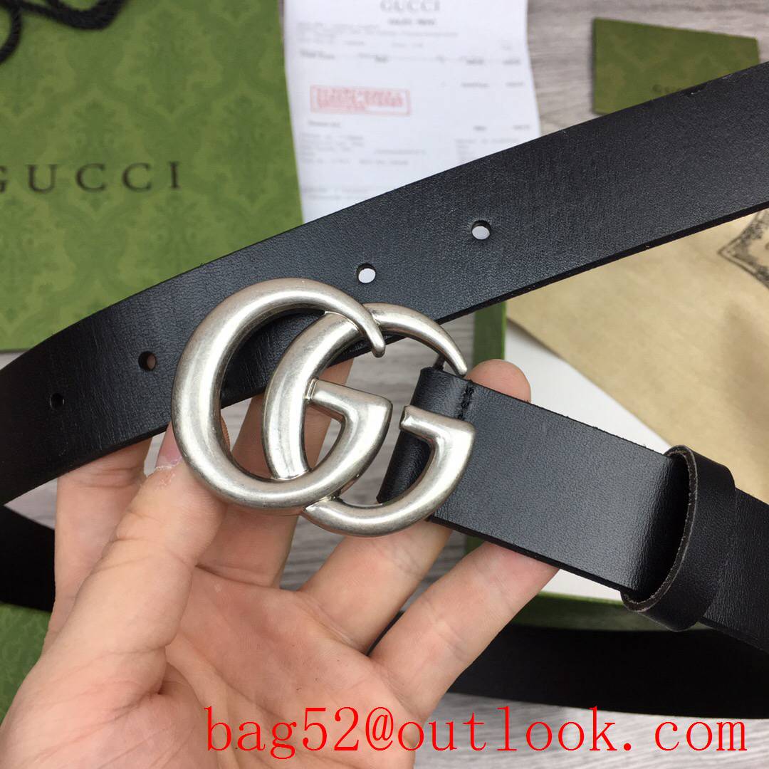 Gucci 3cm black real leather double GG silver buckle belt