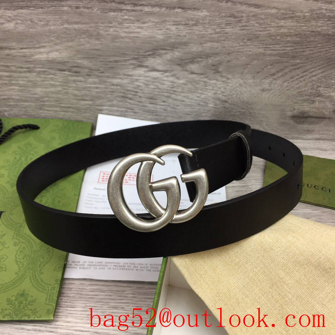 Gucci 3cm black real leather double GG silver buckle belt