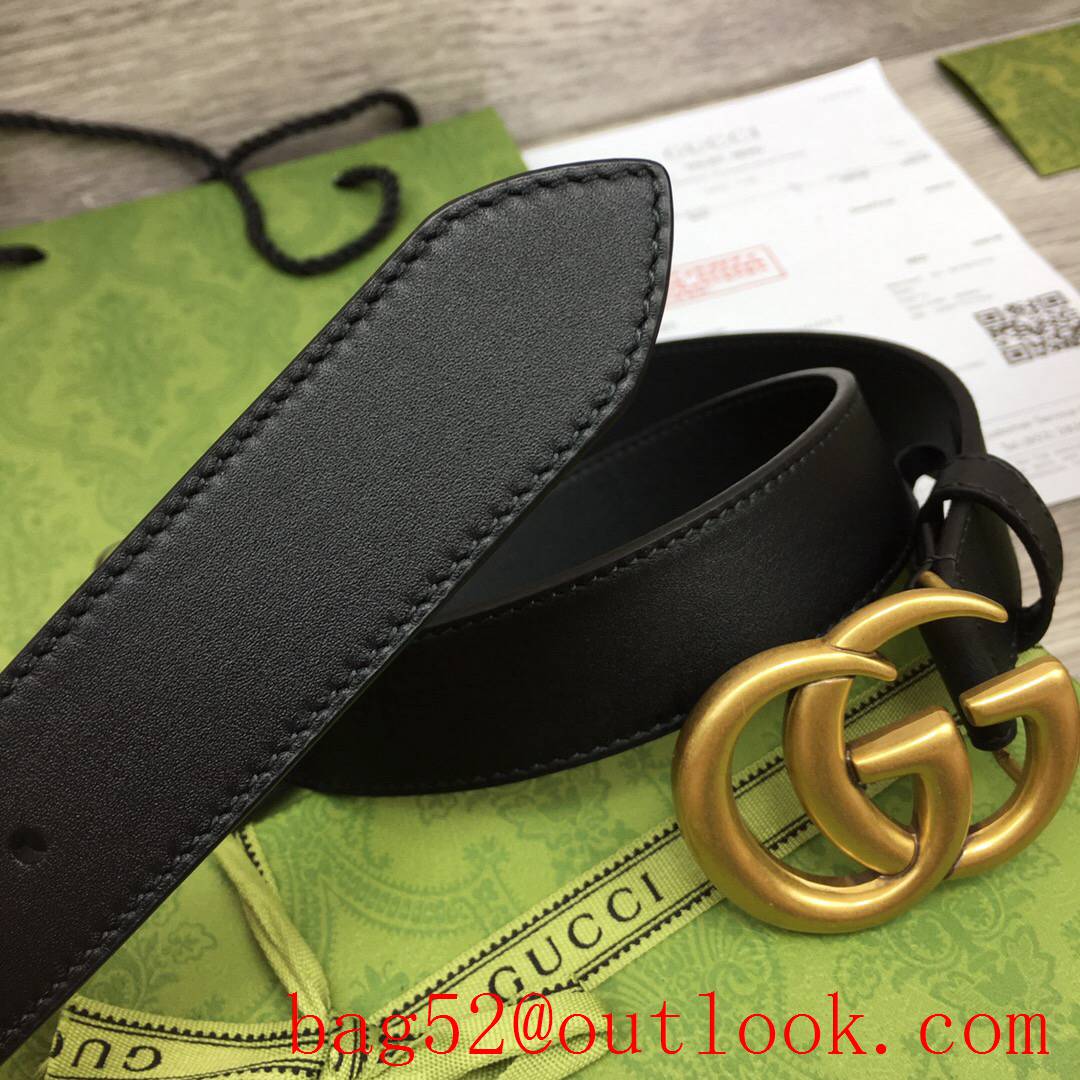 Gucci GG 3cm black calfskin leather v matte gold buckle belt
