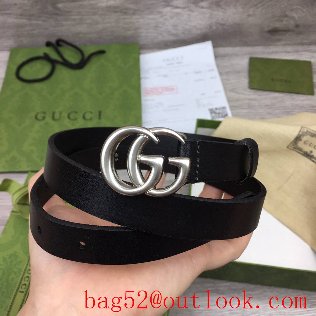 Gucci 2cm black real leather double GG silver buckle belt