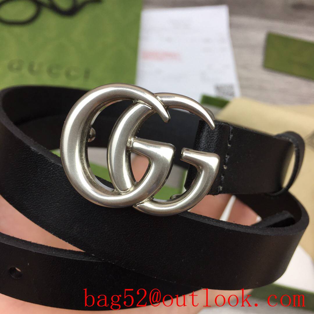 Gucci 2cm black real leather double GG silver buckle belt