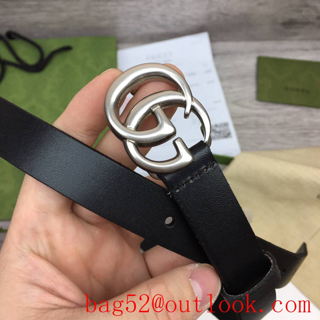 Gucci 2cm black real leather double GG silver buckle belt