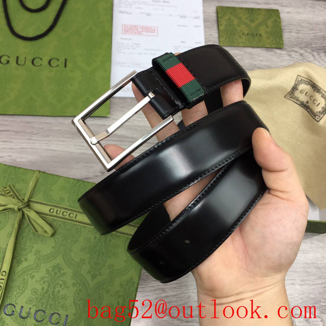 Gucci 3.5cm men black shiny smooth leather v ophidia silver pin buckle belt