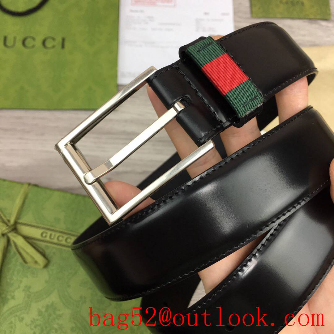 Gucci 3.5cm men black shiny smooth leather v ophidia silver pin buckle belt