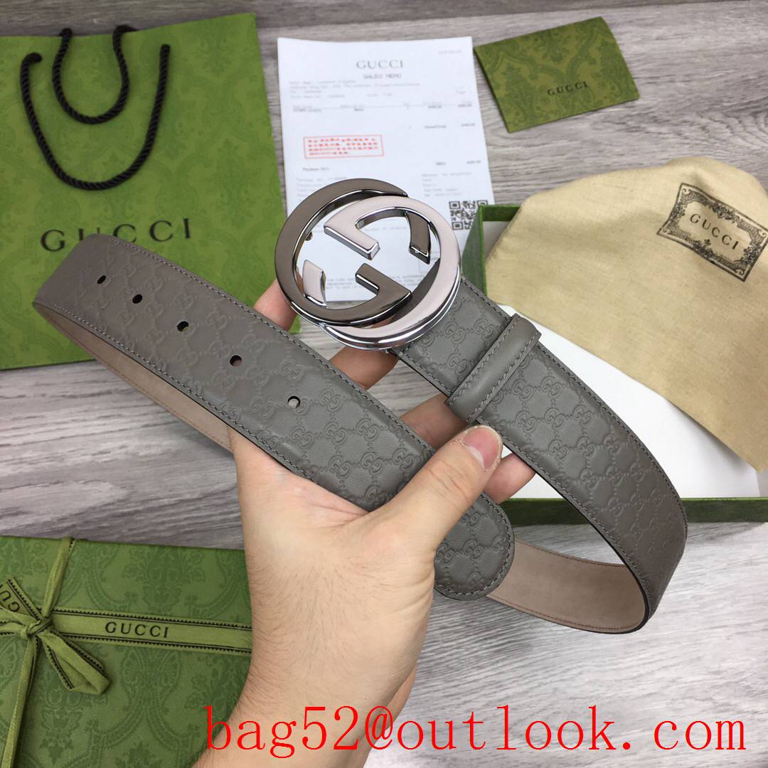 Gucci GG 4cm gray leather tri-silver buckle Signature belt