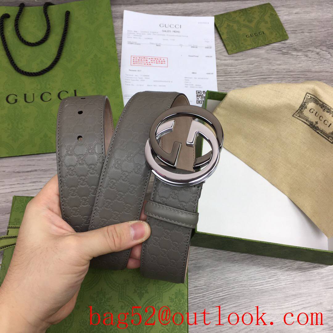 Gucci GG 4cm gray leather tri-silver buckle Signature belt