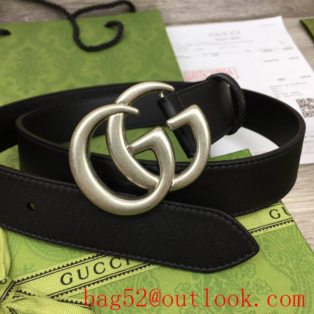 Gucci GG 3cm black calfskin leather v matte silver buckle belt
