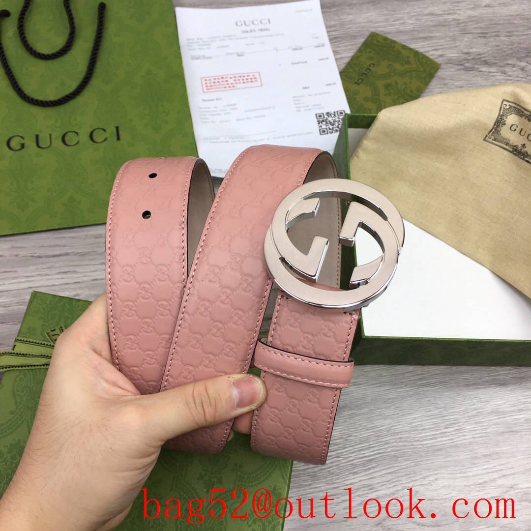 Gucci GG 4cm pink leather shiny silver buckle Signature belt