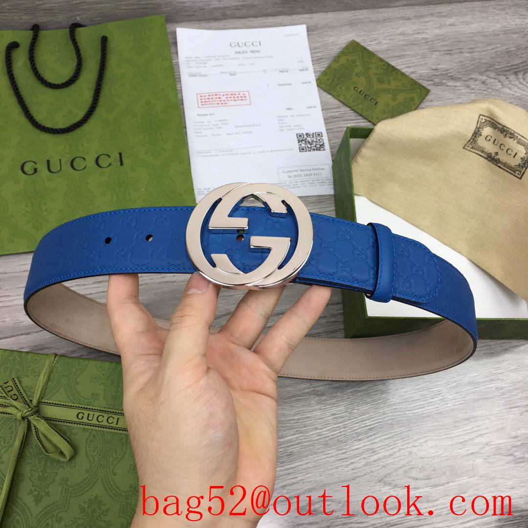 Gucci GG 4cm blue leather shiny silver buckle Signature belt