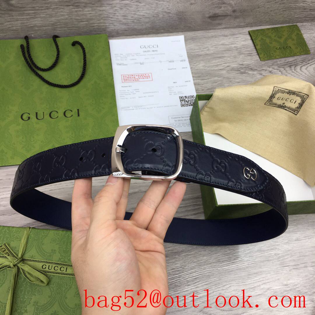 Gucci GG 4cm navy leather signature with GG detail v square silver pin buckle belt