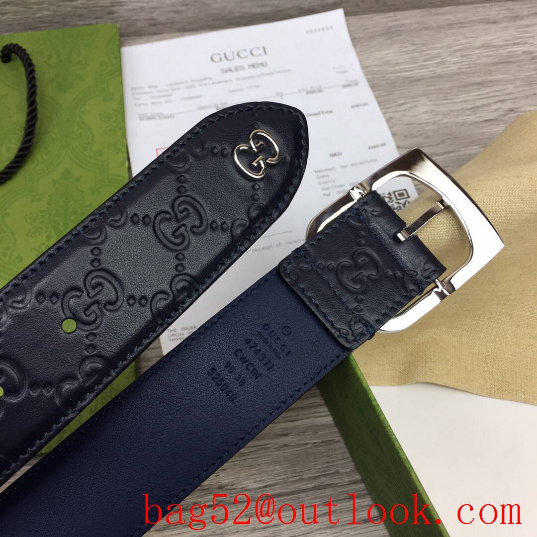 Gucci GG 4cm navy leather signature with GG detail v square silver pin buckle belt