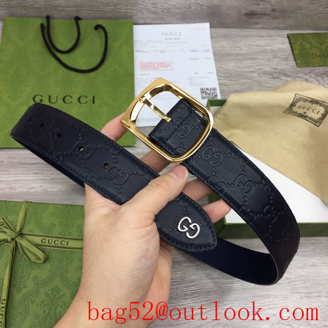 Gucci GG 4cm navy leather signature with GG detail v square gold pin buckle belt