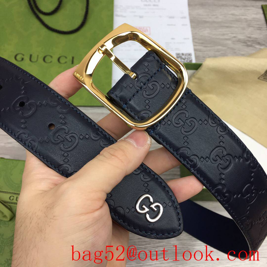 Gucci GG 4cm navy leather signature with GG detail v square gold pin buckle belt