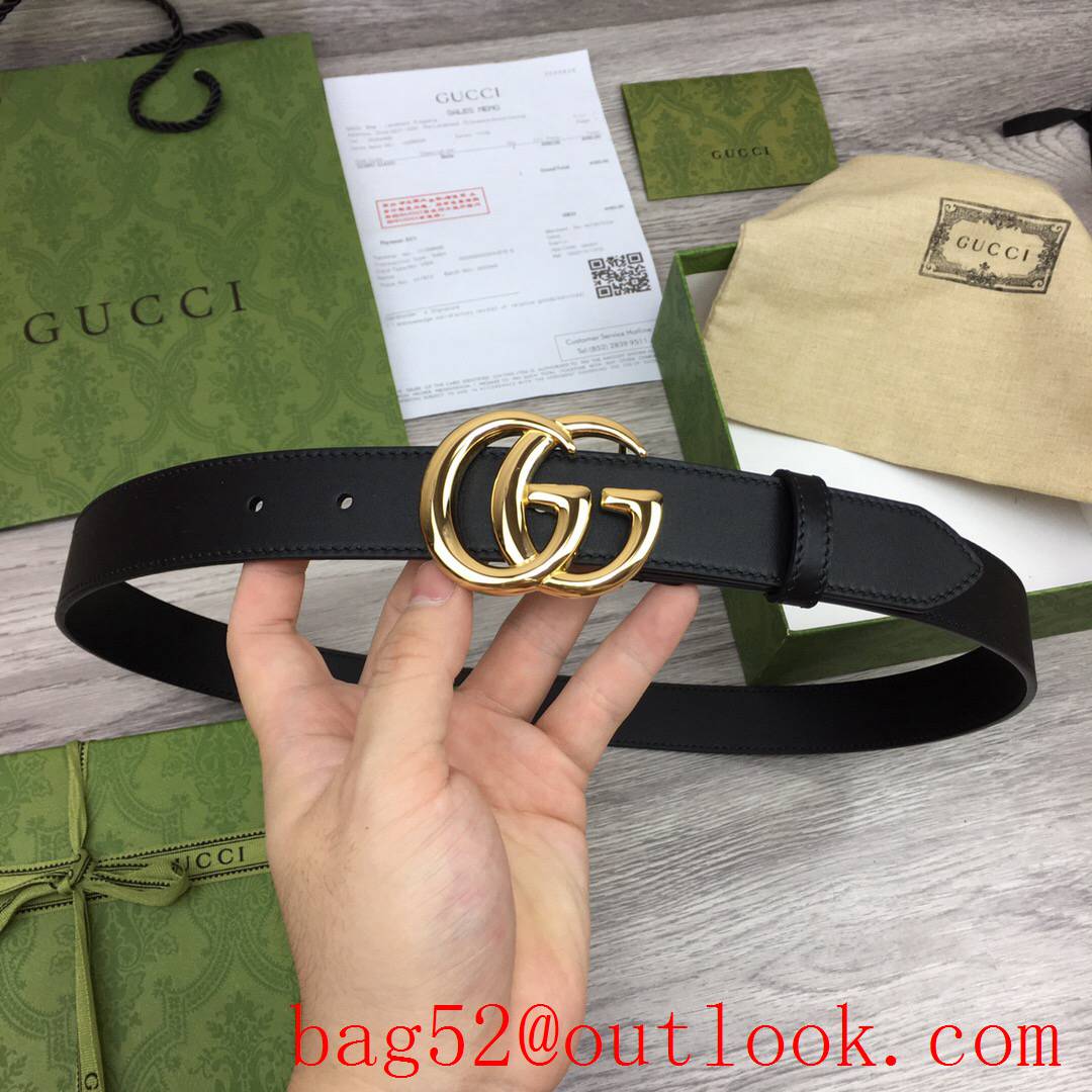 Gucci GG 3cm black calfskin leather v paint gold buckle belt