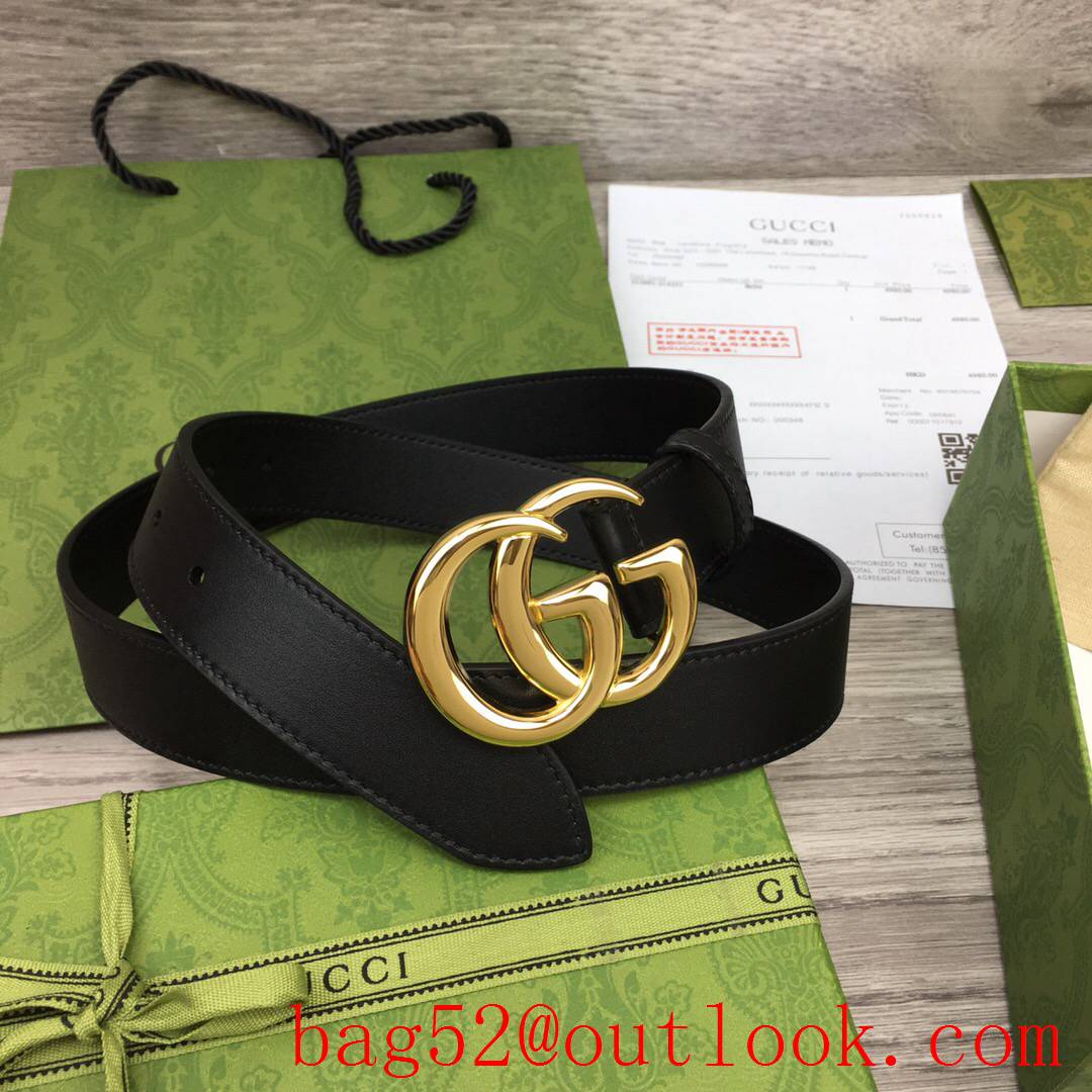 Gucci GG 3cm black calfskin leather v paint gold buckle belt