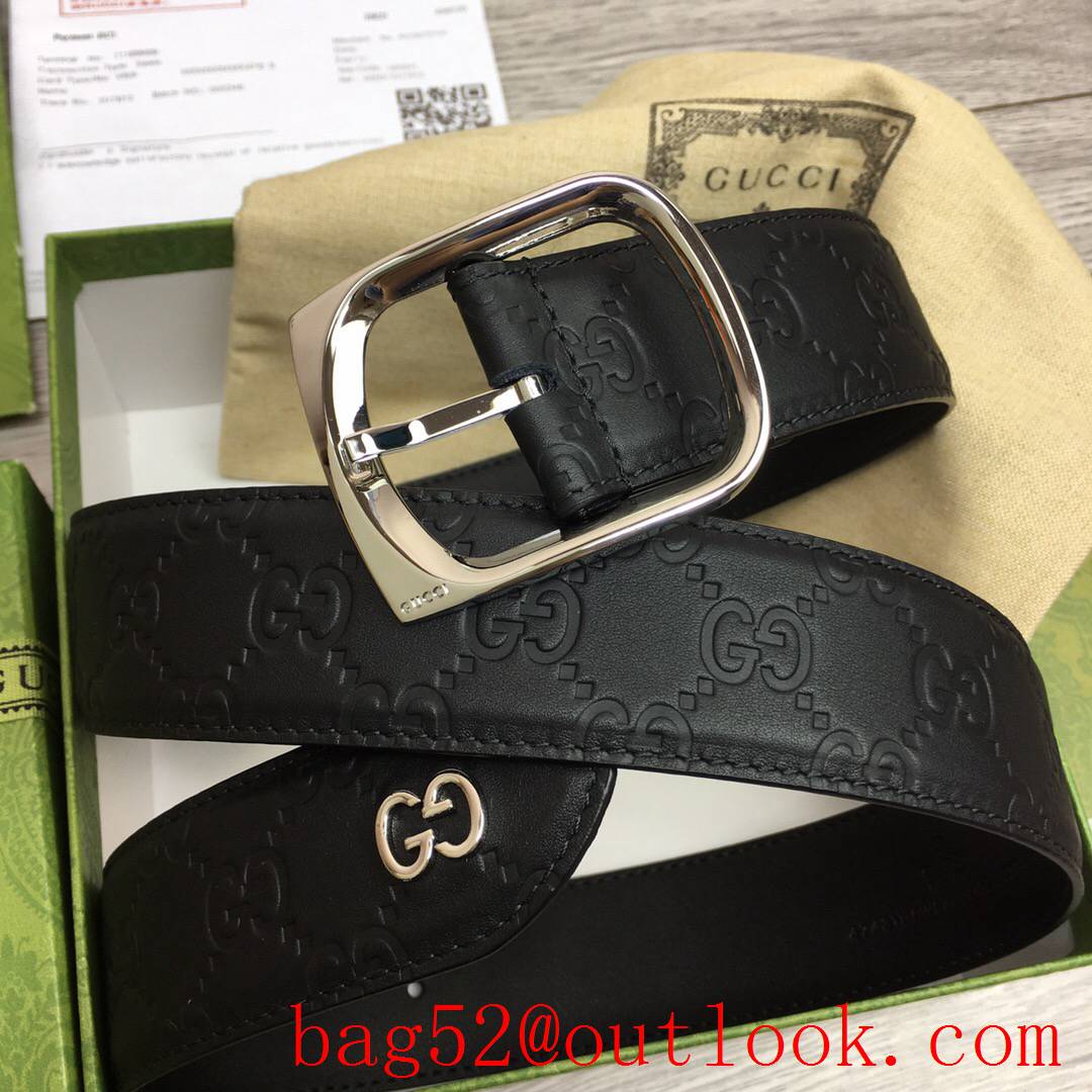 Gucci GG 4cm black leather signature with GG detail v square shiny silver pin buckle belt