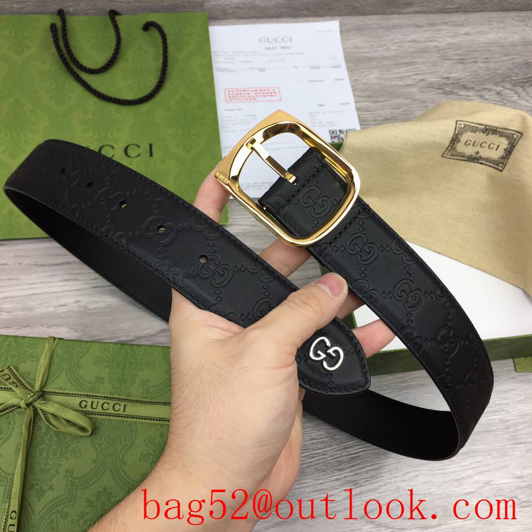 Gucci GG 4cm black leather signature with GG detail v square shiny gold pin buckle belt
