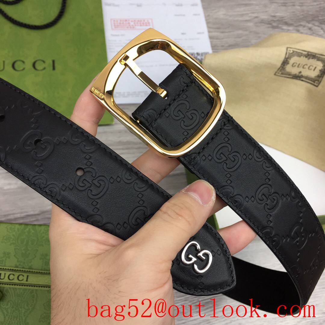 Gucci GG 4cm black leather signature with GG detail v square shiny gold pin buckle belt