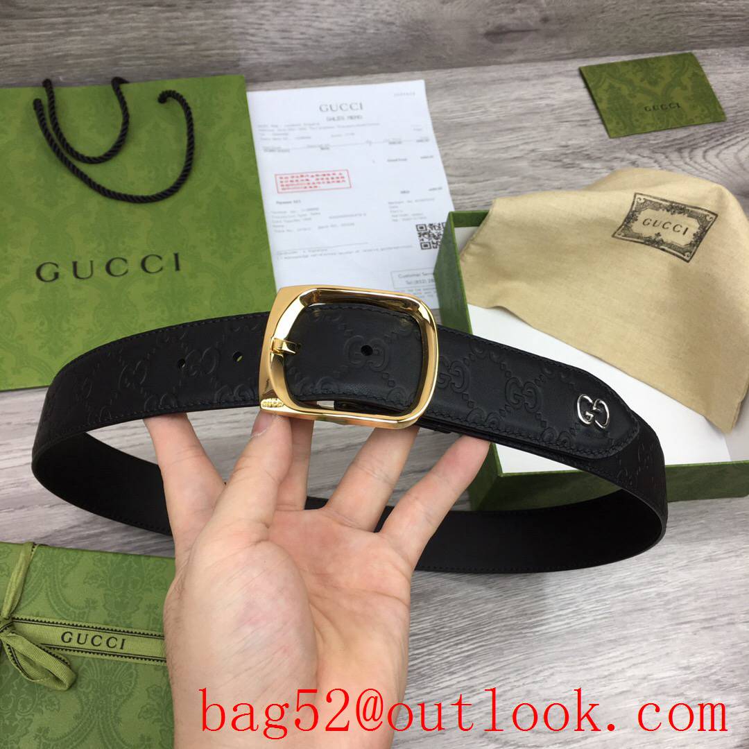 Gucci GG 4cm black leather signature with GG detail v square shiny gold pin buckle belt