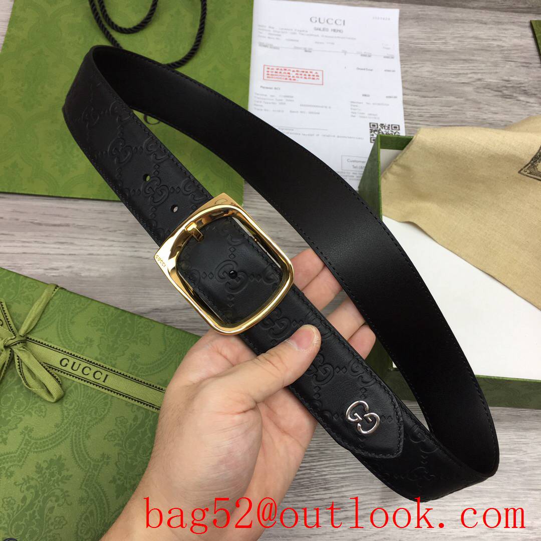 Gucci GG 4cm black leather signature with GG detail v square shiny gold pin buckle belt