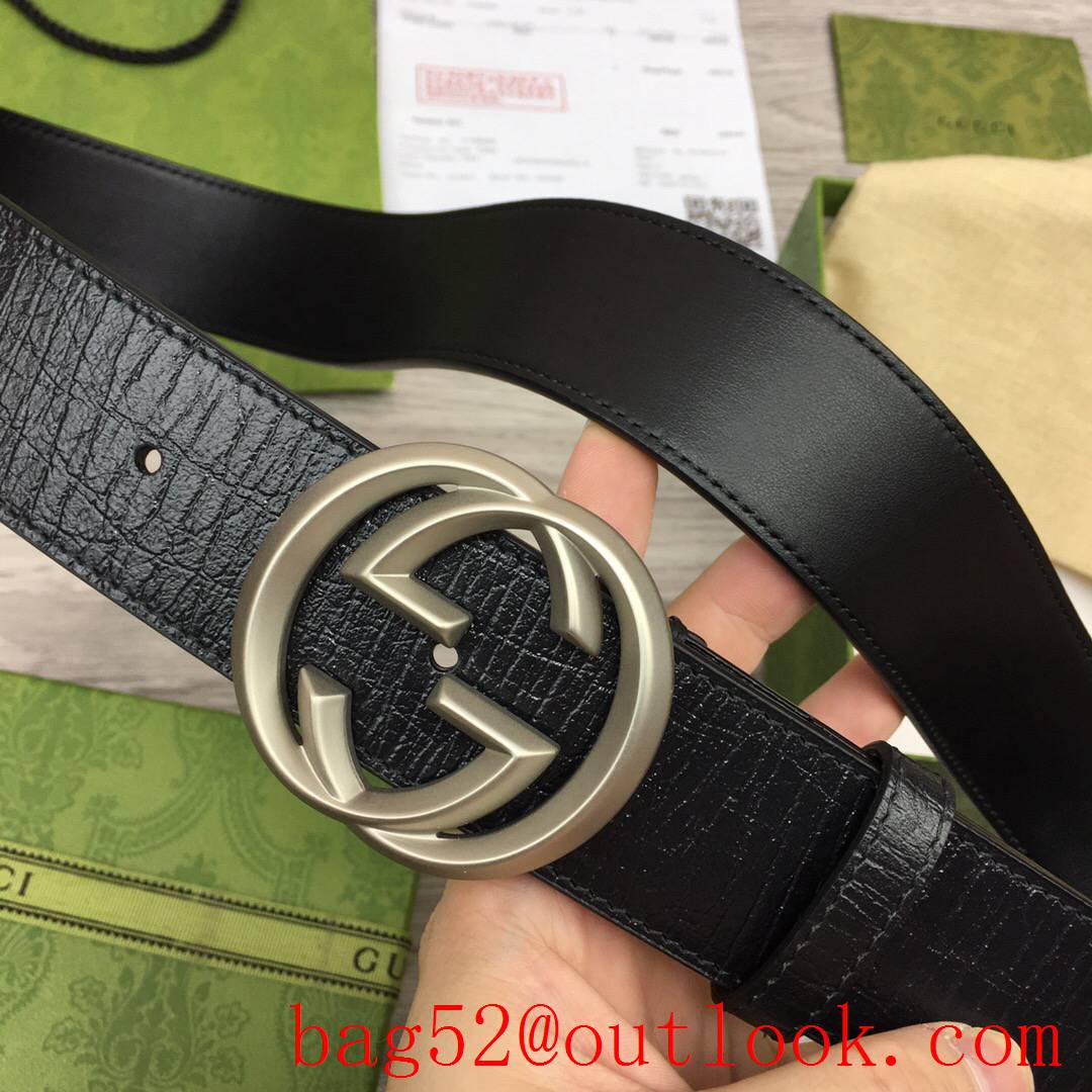 Gucci GG 4cm black leather v ophidia matte silver buckle belt